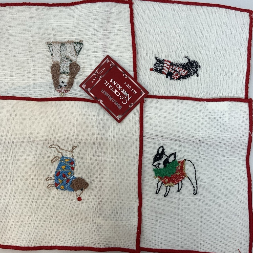World Market Cocktail Napkins Embroidered Dogs Dachshund Boston Poodle Scottie‎